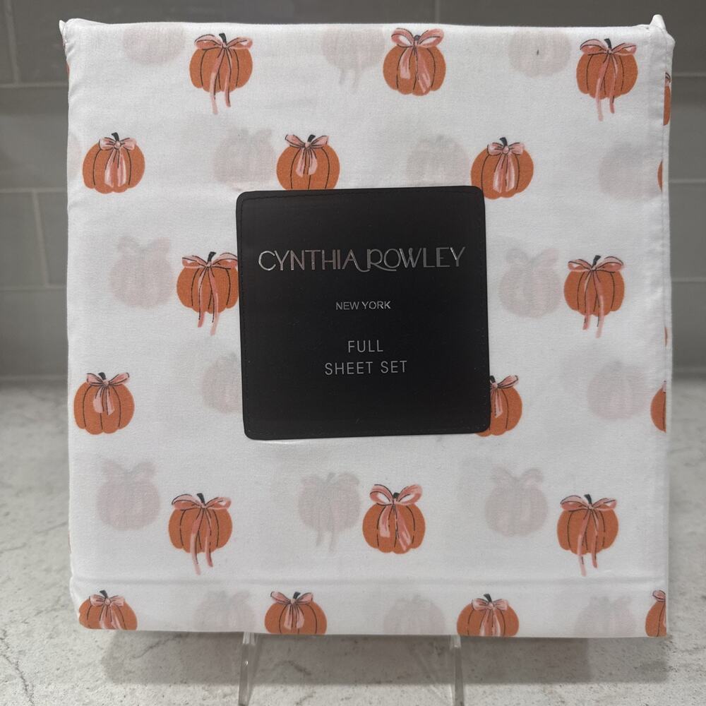 PRETTY PUMPKINS w/ PINK BOWS York 4pc Full Sheet Set Cynthia Rowley NEW Sheets